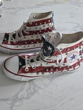 Converse High Top Sneakers in Red White Blue with Silver Studs. Womens Size 8